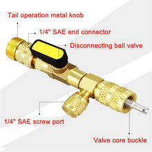 Load image into Gallery viewer, Valve Core Removal HVAC Tool, AC Schrader Valve Removal Tool with Dual Size SAE 1/4 & 5/16 Port, R410 R32 Brass Adapter Air Conditioning Line Repair Tools for Refrigeration