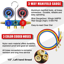 Load image into Gallery viewer, AutoWanderer Tool R1234yf AC Gauges, 3 Way 1234yf AC Manifold Gauge Set Car Air Conditioner Recharge Kit with 5FT Hoses R1234yf Quick Couplers Valve Core Remover