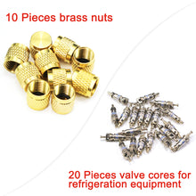 Load image into Gallery viewer, Valve Core Removal Tool HVAC, AC Schrader Valve Tool, R410A Mini Split Adapter SAE 1/4 &amp; 5/16 Port, Valve Core Remover 20pcs Valve Cores with 10pcs Brass Nuts
