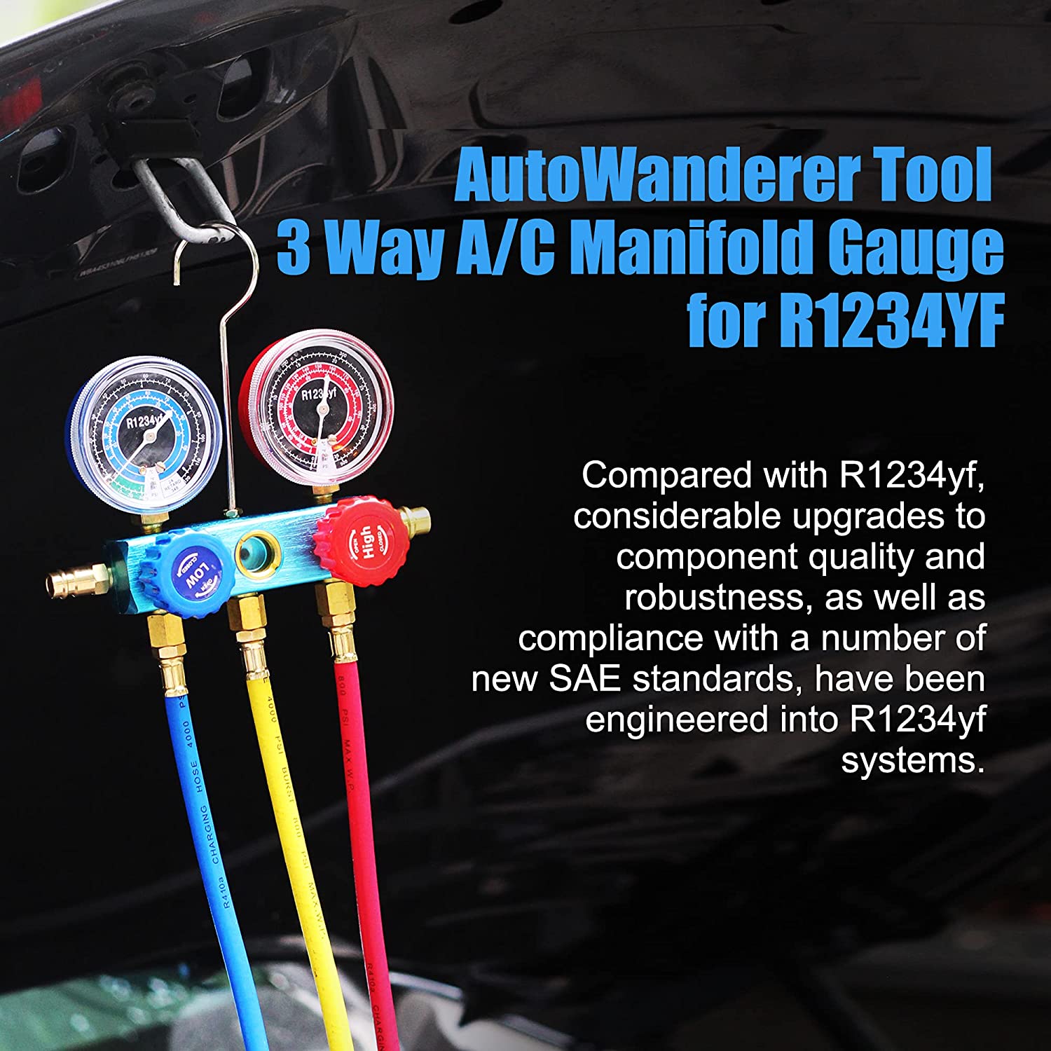 AutoWanderer Tool R1234yf AC Gauges, 3 Way 1234yf AC Manifold