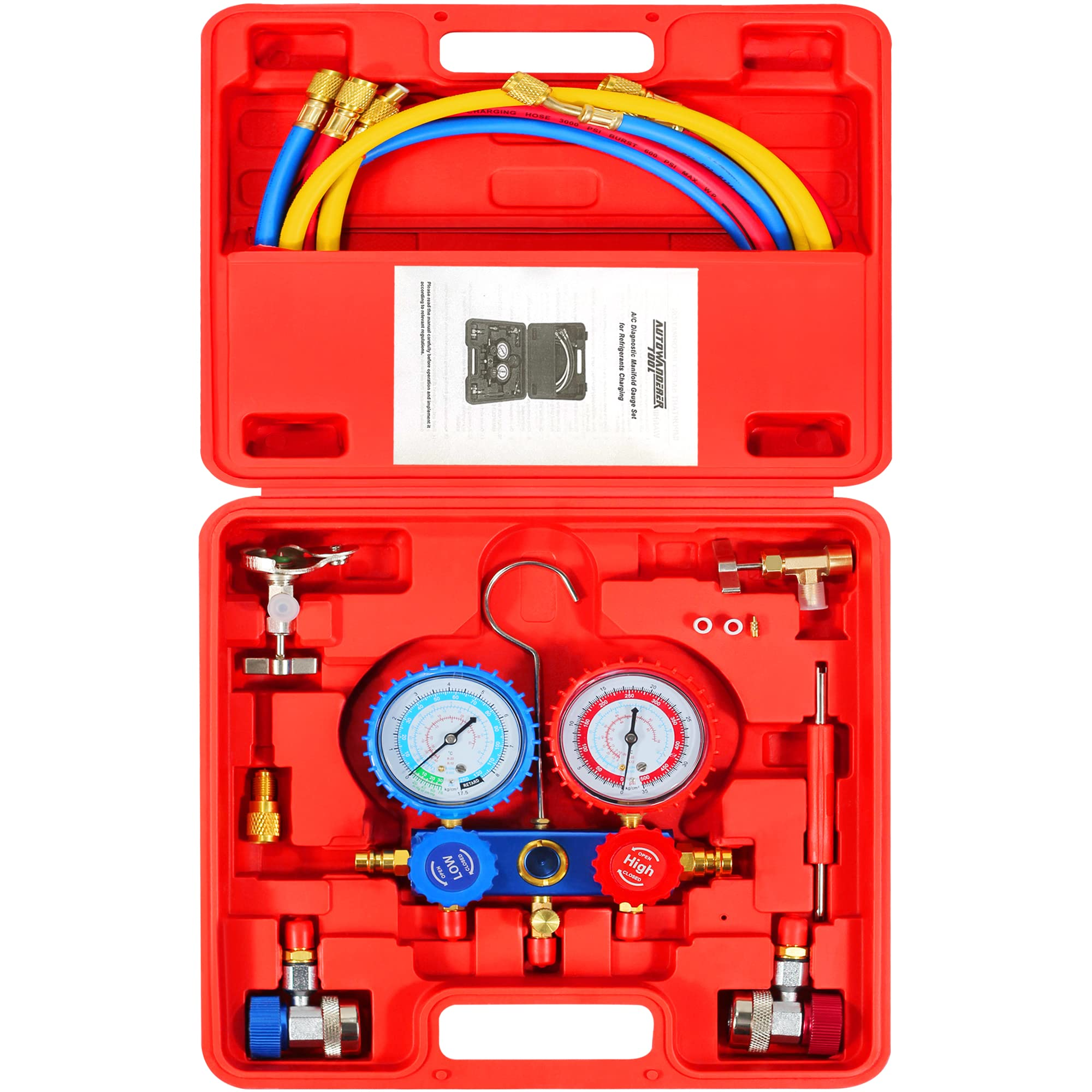 QUR Airco-manifold Gauge Set – Voor R410A, R32, R134A – 2-weg Messing Spruitstuk Met 3 Slangen – Voor Koelvloeistof Bijvullen En Testen – Universeel Voor Auto's En Systemen