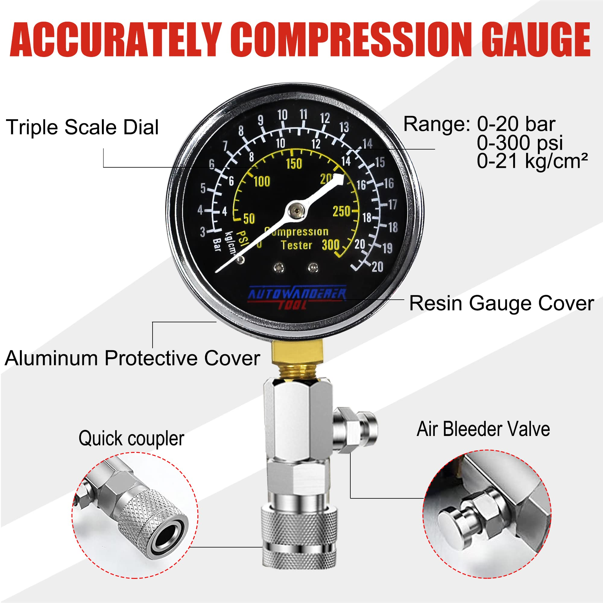  AZUNO Compression Tester Automotive, Digital Compression Gauge  200 PSI for Petrol Engine Cylinder Compression Tester Kit with Adapter &  Hose : Automotive